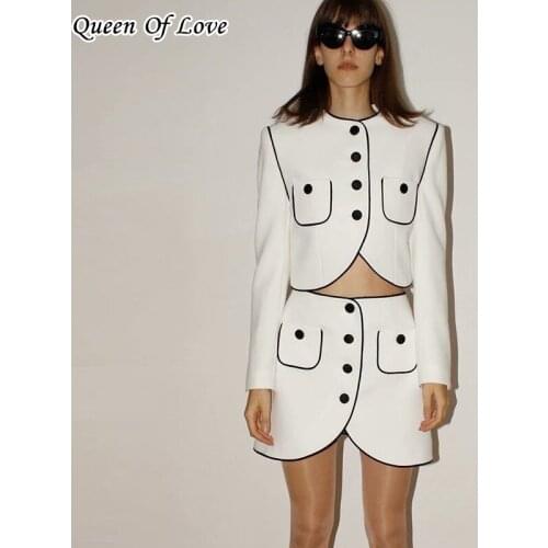 2021 New Autumn Fashion Elegant White Blazer Skirt Suit Runway 2 Piece Women Long Sleeve Short Tops And Skirts Outfits