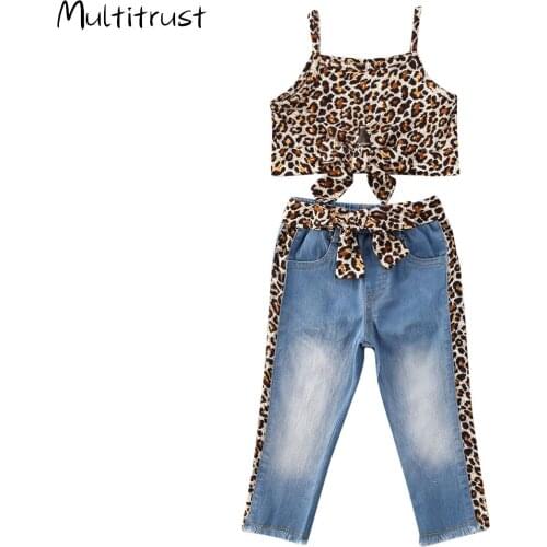 1-6Y Fashion Toddler Baby Girls Clothes Sets Leopard Print Sleeveless Vest Tops+Denim Long Pants
