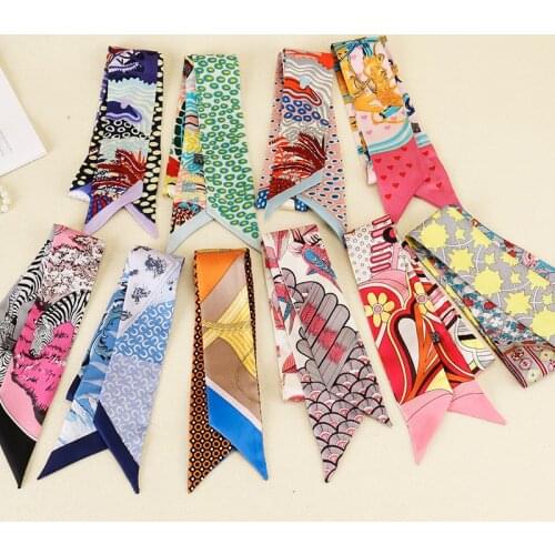 100% Real Silk Scarf for Women Twill Two Layers Handle Bag Ribbons Fashion Headband Long Skinny Scarves