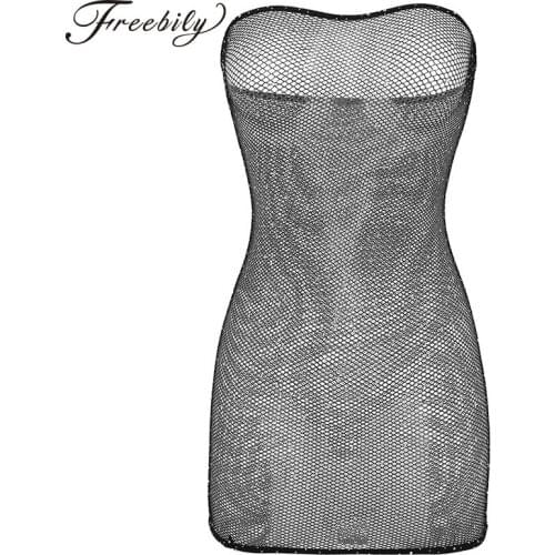 Women Shiny Rhinestones Netted Lingerie Sheer Tube Dress Exotic Babydoll Stretchy Bodycon Mini Dress Hosiery Nightwear Sleepwear