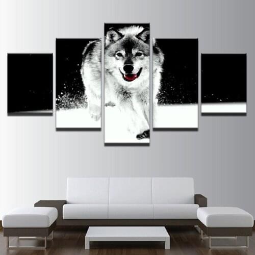 Canvas Printed Pictures Wall Art Framework 5 Pieces Animal Snow Wolf Painting Modular Black And White Abstract Poster Home Decor
