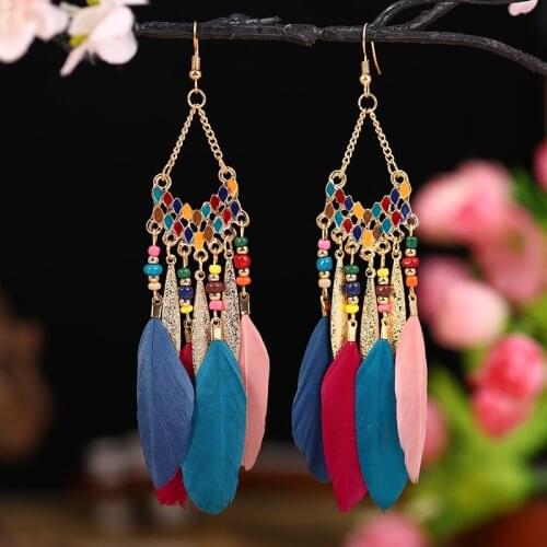 Bohemian Long Feather Tassel Drop Earrings Vintage Ethnic Colorful Beads Geometric Dangle Earrings For Women Boho Jewelry Gift