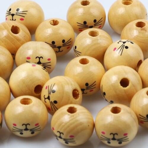 Natural Wood Beads Cute Cat Face Round Loose Spacer For Jewelry DIY Bracelet Necklace Making Accessories Handicraft Supplies
