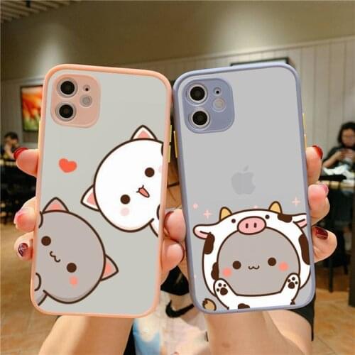 YNDFCNB Peach Mochi Cat Cartoon Phone Case for iPhone X XR XS 7 8 Plus 11 12 pro MAX Translucent Matte Shockproof Case