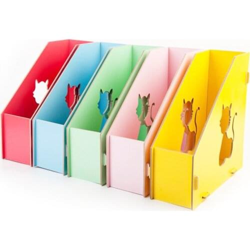 Multi Colors Cute Cat Hollow Out DIY Wooden Magazine Holder Desktop Books Organizer Office File Collector