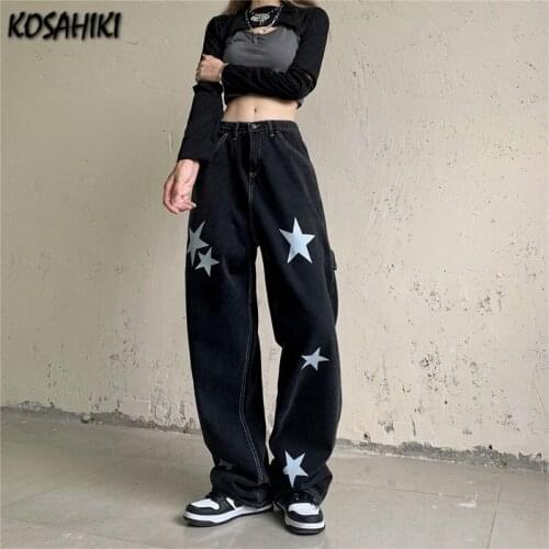 KOSAHIKI Hip Hop Streetwear Jeans Woman Straight Denim pants star Pattern Print 2021 fashion Punk Harajuku Jeans for Women