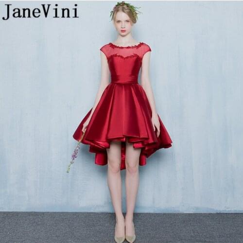 JaneVini Elegant Short Bridesmaid Dresses A Line Pleats Sheer Scoop Neck Lace Applique Beads Satin High Low Prom Dress Plus Size