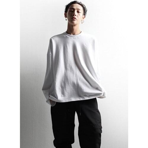 Original autumn basic solid t-shirt mens versatile round neck base shirt loose long sleeve