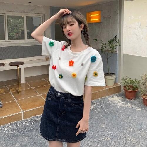Sweet Summer Womens T-shirts O Neck Short Sleeve Appliques 3D flowers Sweet T-shirt Korean White Young Style Casual Tops