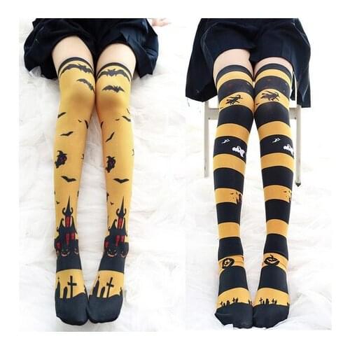 Gothic Anime Girl Over Knee Stocking Halloween Pumpkin Bat Printing Lolita Thigh high Socks Women Devil Knee High Socks Cosplay