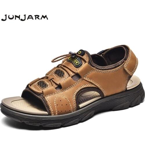 JUNJARM Summer Men Beach Sandals High Quality Genuine Leather Cool Sandals Light Breathable Men Summer Shoes Soft Slip On 38-46