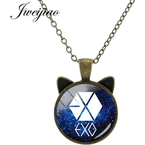 JWEIJIAO Vintage Animal Ear Pendant I love KPOP EXO Album Photo Necklaces Glass Cabohcon Picture Charms For Fans Gift EX02