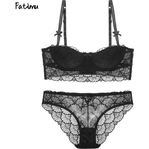 Fatimu Sexy Lace Bra Set Solid Flower 1/2 Cup Women Underwear Push Up Bra Set Sexy Thong Plus Size Bra Brief Sets