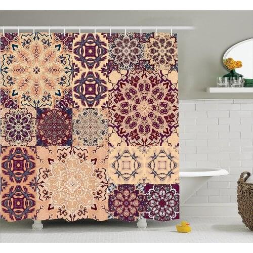 Moroccan Shower Curtain Large Colorful Vintage Ceramic Tiles Arabesque Authentic Floral Forms Bath Curtains for Bathroom Decor