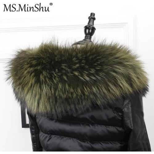 MS.MinShu Big Fur Collar Genuine Raccoon Fur Hood Trim Scarf Black Color Parka Coat Fur Collar Scarf Custom Made