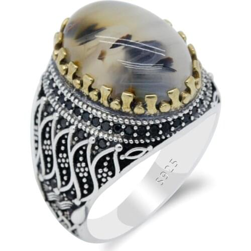 Mens Rings with Natural Agate 925 Sterling Silver Vintage Gemstone Ring with Black CZ Wave Design Jewelry to Husband Male Gift