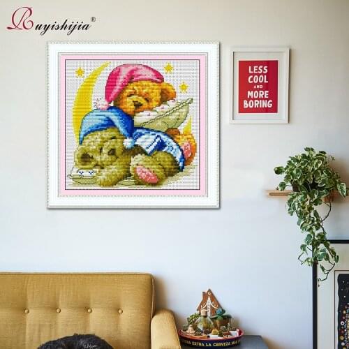 RUYISHIJIA Cross Stitch Set by Starter Kits Beginners Needlework Embroidery Good night baby bear Cross-stitch