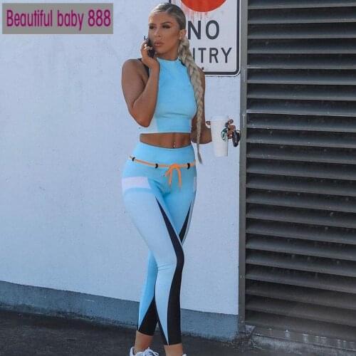 Meqeiss 2021 new spring and autumn blue casualsuit women sleeveless printing splicing office casual sportsround neck pants suit