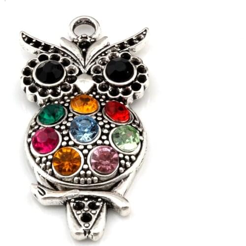 Hot Sell ! 1 pcs New Fashion Ancient Silver Plated Colorful Rhinestone Crystal Owl Charm Pendants DIY Jewelry 22x47mm c x75