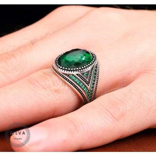 Original Sterling 925 Silver Mens Ring With Green Zircon Stone . Man Jewellery All Sizes Are Available