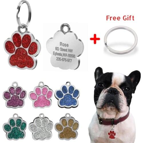 Personalized Customized Dog ID Tag Engraving Metal Pet Cat Name Tags Collar Accessories Pendant Nameplate Glitter Keyring