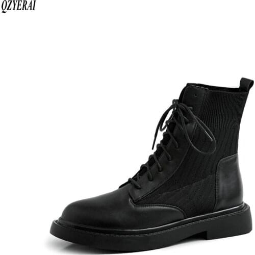 QZYERAI Genuine leather Knitting wool Martin boots Womens boots The European Autumn winter Female boots cowhide Womens shoes