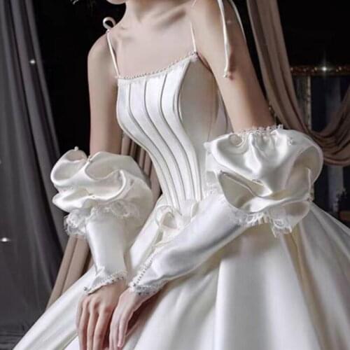 Detachable Bridal Sleeves White Pearls Lace Edge Wedding Bridal Bicep Sleeves Horn Sleeve Perspective for Wedding Accessories