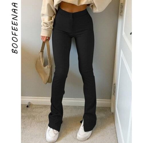 BOOFEENAA Street Style Split Sweatpants Women High Waist Flare Pants Y2k Solid Color Cotton Pants Black Brown Joggers C84-CG31
