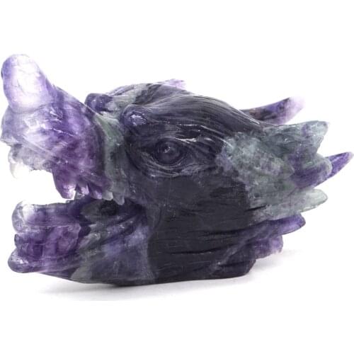 4.9" Wolf Head Statue Natural Gemstone Fluorite Crystal Carved Crafts Figurine Home Decor