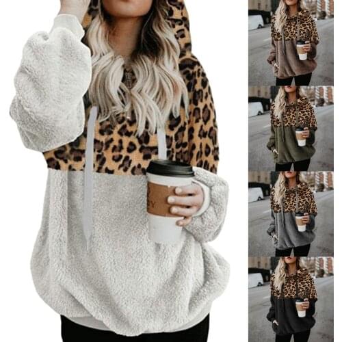 Oversized Hoodies Women Long Sleeve Leopard Print Color Block Plush Pocket Hooded Warm Pullover толстовка ropa de mujer 2020