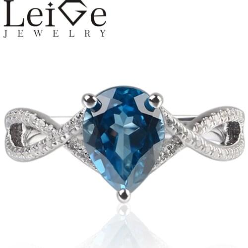 Leige Jewelry Natural London Blue Topaz Gem November Birthstone Pear Shape Prong Setting Engagement Carve Rings 925 Silver