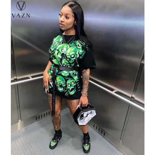 VAZN 2021 Summer Straight Nature Casual Free Daily Young Cocktail Short Mini Dress Short Sleeve Slim Female Young Women Dress