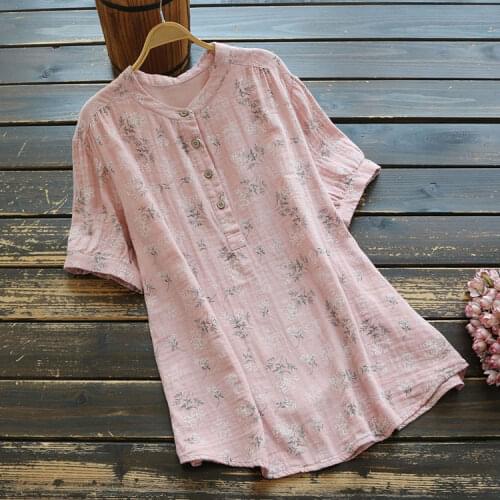6444 new summer women Japan style simple print stand collar short sleeve blouse mori girl cotton casual shirt tops