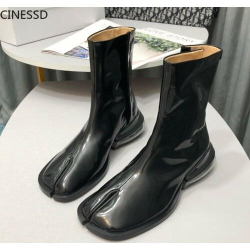 Split Toe Air Cushion Ankle Boot Cow Leather Women Genuine Leather Shoes Woman 4cm Medium Heel Tabi Ninja Shoes Lady Short Boots