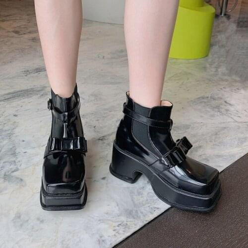 White Platform Boots Punk Square Toe High Heels Boots Fashion Bow Women Ankle Boots Female Womens Shoes Vrouwen Laarzen