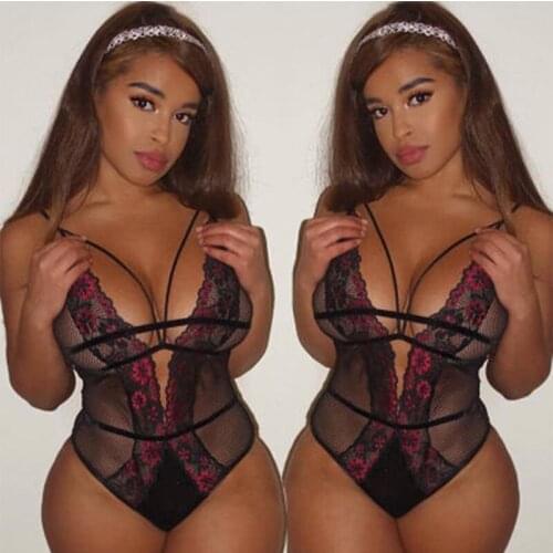 Women Ladies Erotic Sex See-through Costume Lace up Bodysuit Sleeveless V-Neck Body-con hollow Sexy Lingerie flower straps