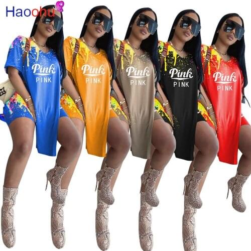 HAOOHU Women Pink Letter Tie Dye Two 2 Piece Set Slit Side Loose V-neck T-shirt and Shorts Matching Set Outfit Jogger Tracksuit