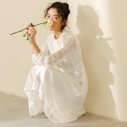 2021 New Elegant A-Line Vestidos White Dress Women Spring Long Sleeve Stand Collar Lace Ruffle Female Clothes