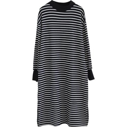 Dress Women Autumn Winter Long Sleeve Striped Knitted Female Clothes Artistic Loose Plus-size O-neck Loose Casual Women Dress
