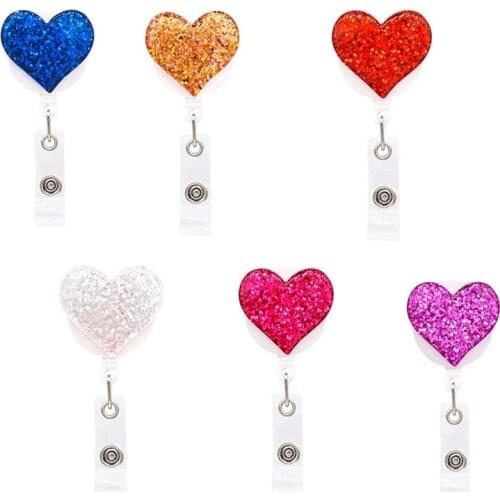 1PC Creative Heart Shape Retractable Nurse Badge Reel Clip Sequins Bling Love Series IC ID Card Badge Holder Office Supplies