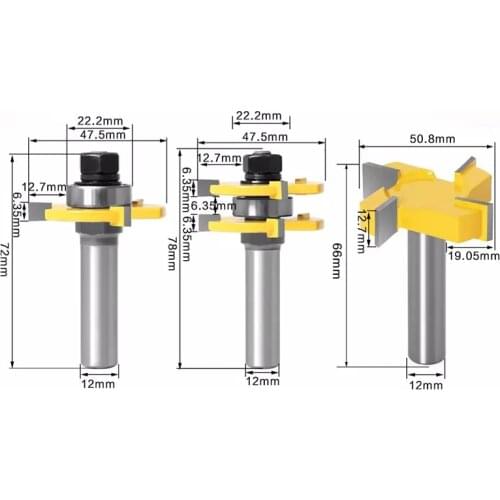 3pcs 12MM 1/2inch Shank Tongue & Groove Joint Assemble Router Bits 3/4" stock T-Slot Tenon Cutter Milling for Wood Woodworking