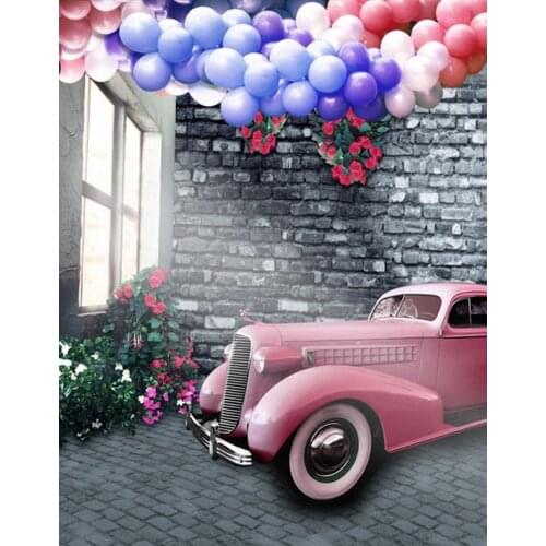 5x7ft Brick Wall Pink Car Balloon Photography Backdrops Photo Props Studio Background
