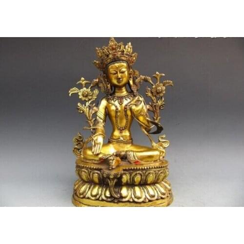 Fast shipping USPS to USA S0135 Tibet Copper Bronze Gild lotus flower Green TaRa Kwan-Yin GuanYin Buddha Statue