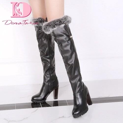 DoraTasia Plus Size 33-45 Female Over Knee Boots Thick High Heels Thick Plush Thigh High Boots Women Winter Warm Fur Shoes Woman