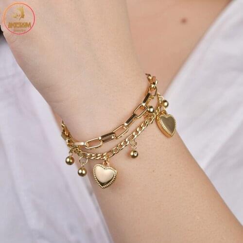 Akizoom Punk Double Layers Bangles Stainless Steel 2 Heart Hand Chain Freeshipping Bracelets for Women Charm Party Jewelry Gift