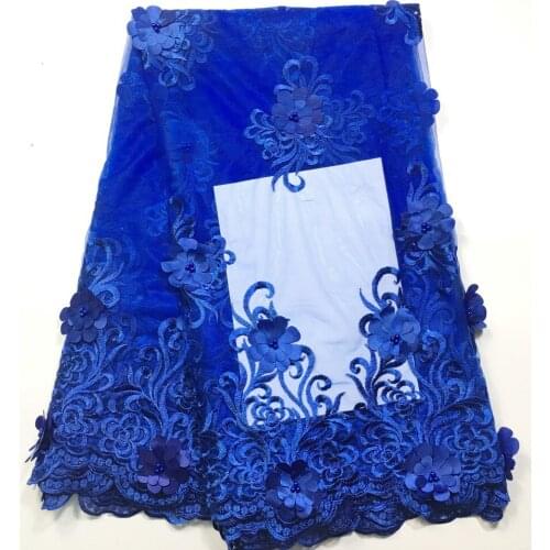 French Lace Fabric with Beaded, Royal Blue French Fabric, Cheap African Lace French Nigerian Lace Fabric with 3d Flowers M2847