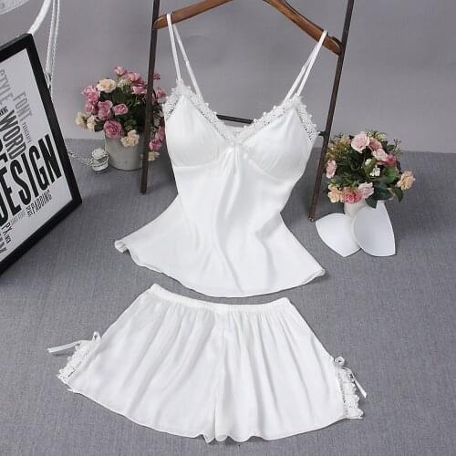 2PCS Chest Pads Pajamas Sets Summer Lady Strap Top&Shorts Sleepwear Satin Lace Sexy Sleeveless Pijamas Lounge Intimate Lingerie