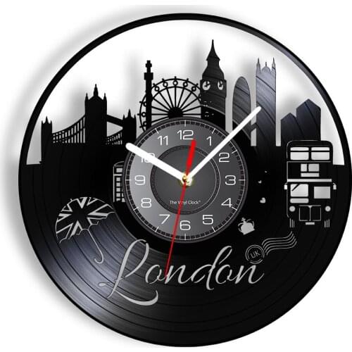 London Cityscape Wall Clock Made Of Vintage Vinyl Record The UK Metropolis City Of Fog Skyline Luminous Wall Watch Artwork Decor