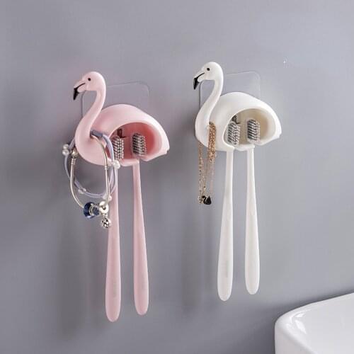 Toothbrush Holder Flamingo Shape Wall Mount Toothbrush Traceless Rack Bathroom Space Saving Accessories