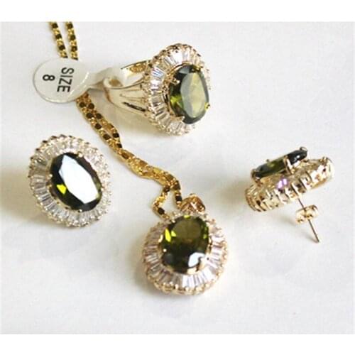 Natural White Stone Green Pink Yellow Zircon Necklace Pendant Earrings Ring Retro Female Women Party Fine Jewelry Set Fashion